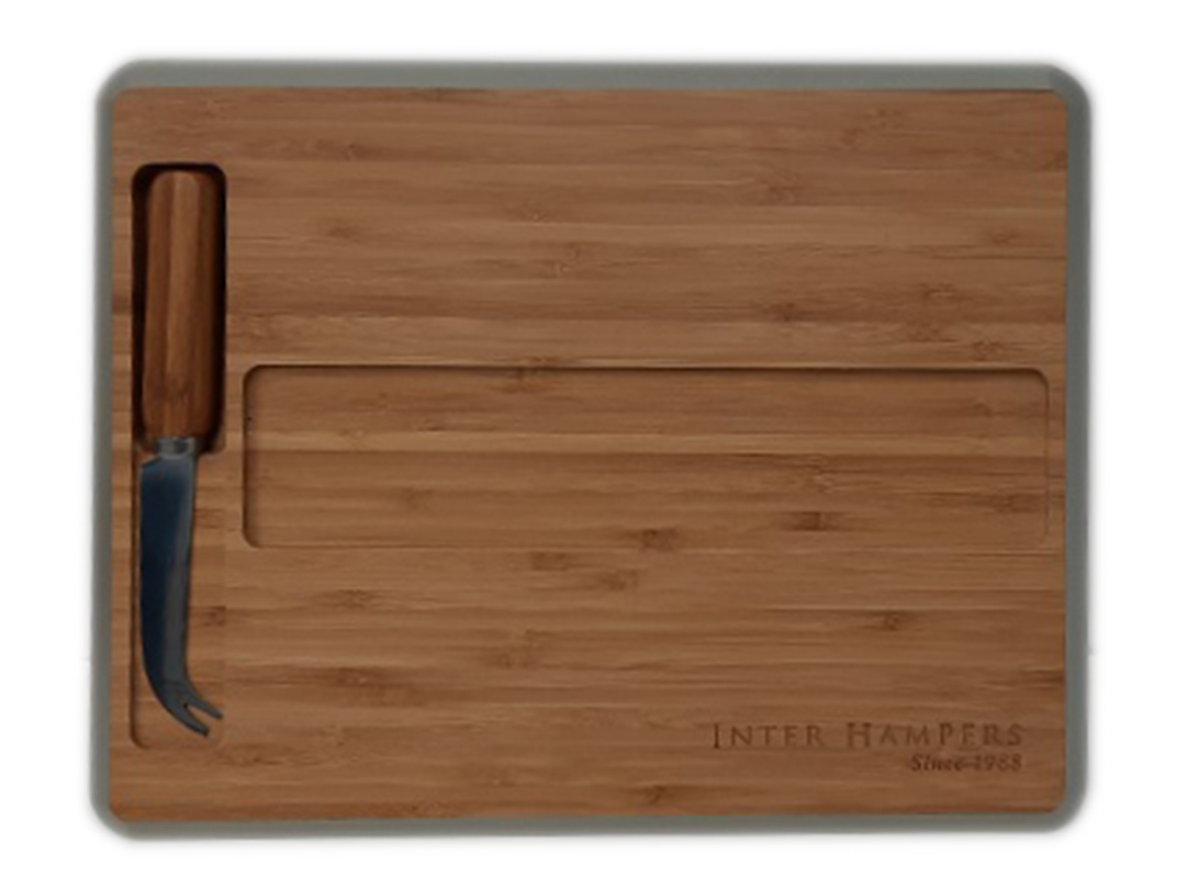 branded wooden cheeseboard with inset cheese knife
