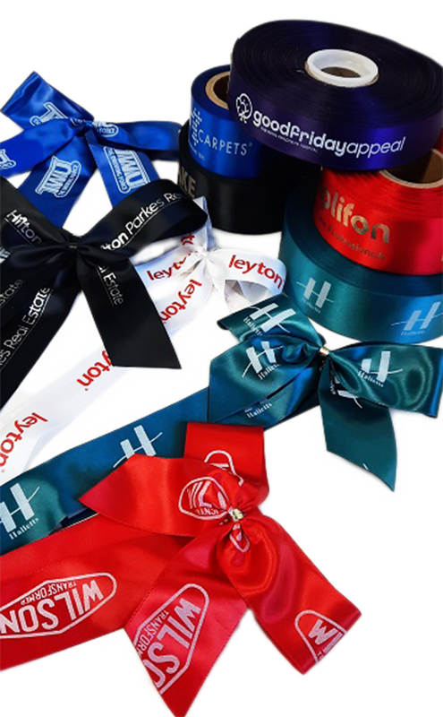 various coloured ribbons with branded logos