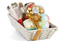 Assorted gourmet snack pack labeled "Me Time" from Interhampers, featuring a variety of savory and sweet treats in a decorative box.