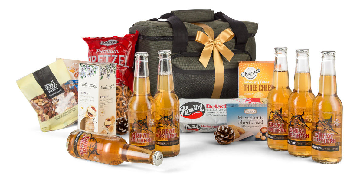 Open Great Northern Beer Hamper by Interhampers with assorted craft beers and snacks in a stylish gift basket.