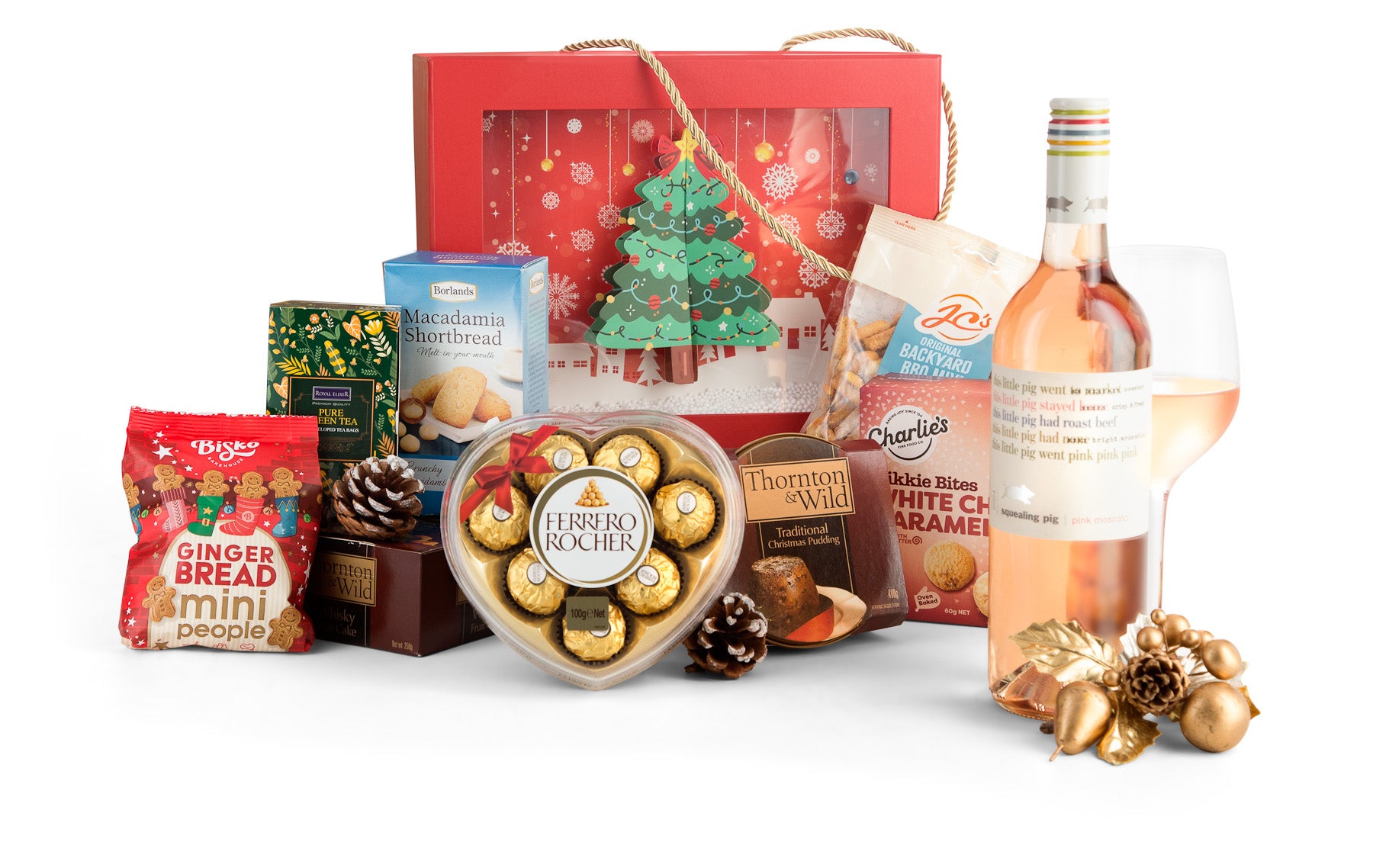 Open box of Sweet Christmas gift set by Interhampers featuring festive treats and holiday-themed packaging.