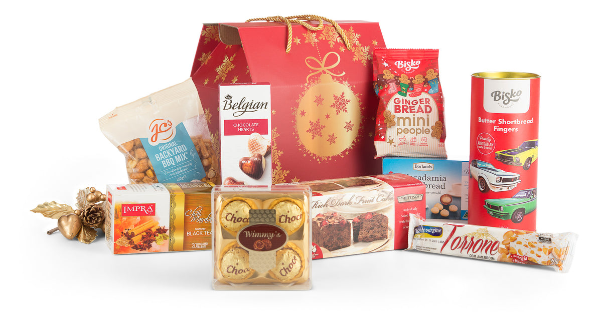 Open Christmas treat box by Interhampers filled with festive holiday confections and sweets, ready for gifting.