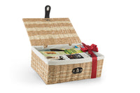 Interhampers Classic Chest with sturdy wooden construction and metal hardware, shown packed with interior compartments.