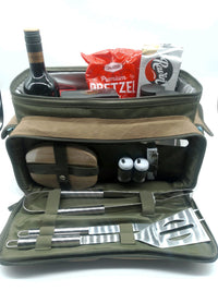 Packed BBQ Time outdoor grill kit by Interhampers with grilling tools and accessories ready for outdoor cooking.