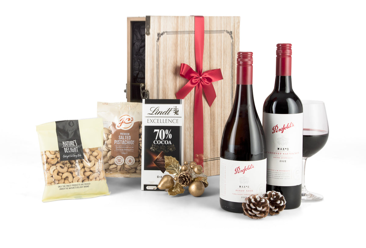Open Penfolds Duo Pack featuring two bottles of premium wine from Interhampers, showcasing the elegant wine labels and packaging.