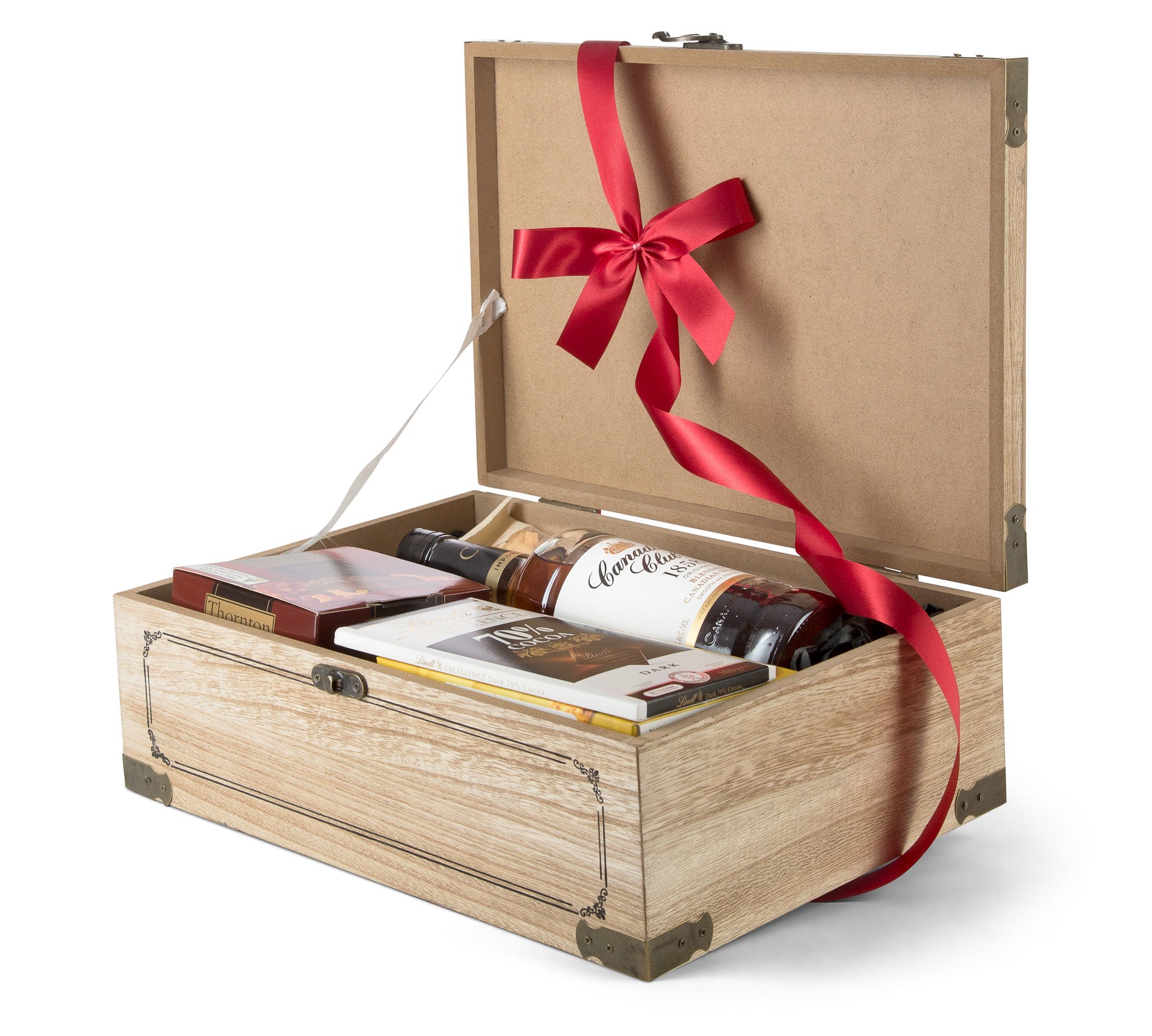 Canadian Club whiskey chest by Interhampers, packed with bottles inside a sturdy wooden crate.