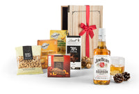 Open Jim Beam wooden chest by Interhampers showing interior compartments and sturdy construction.