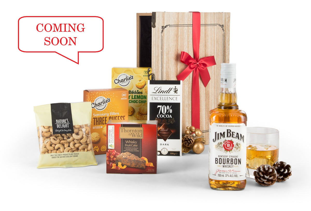 Open Jim Beam chest by Interhampers featuring a wooden storage box with a hinged lid and metal accents.