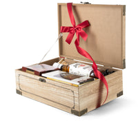 Interhampers Jim Beam chest filled with bottles and accessories, showcasing a sturdy wooden storage solution.