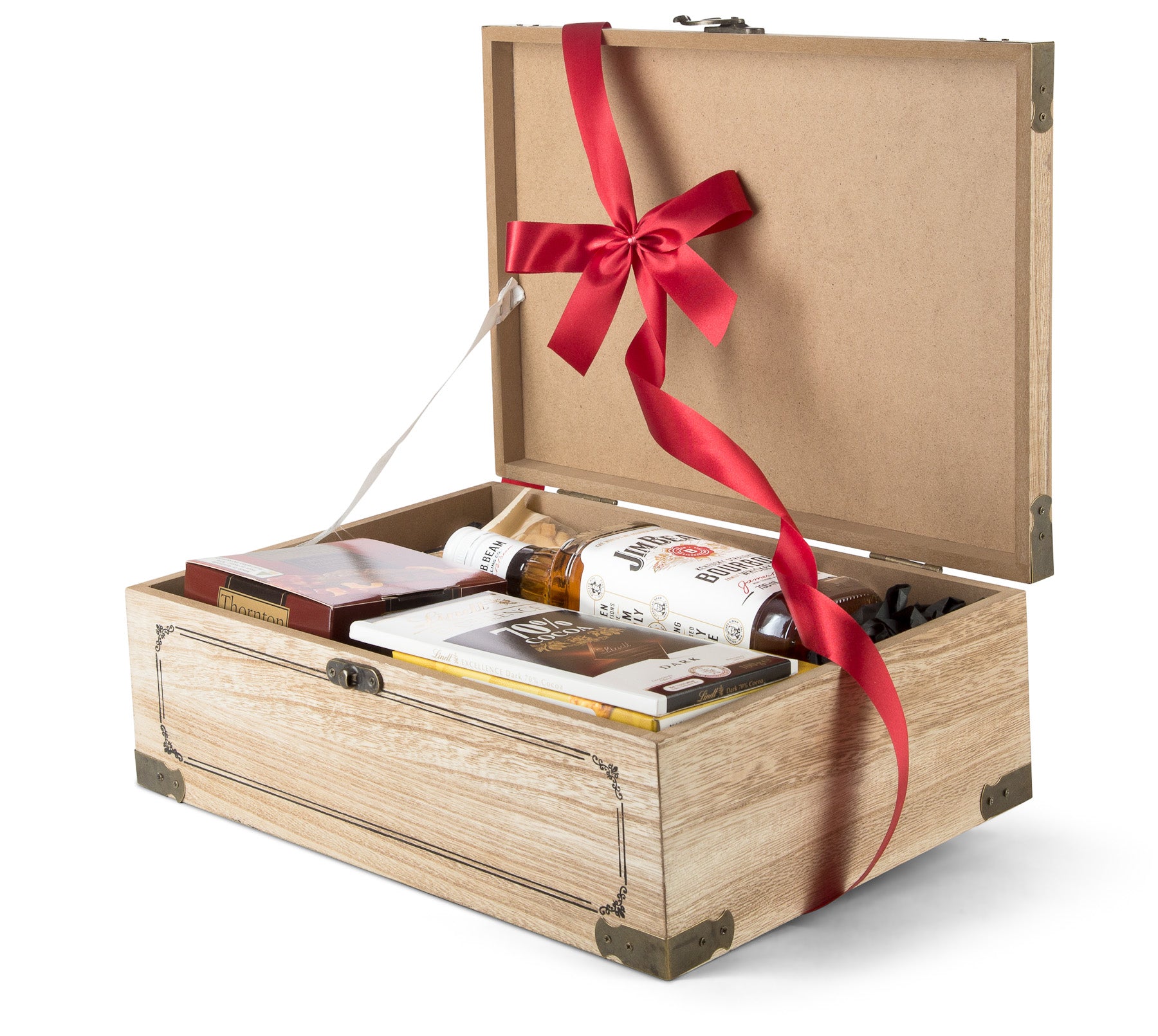 Interhampers Jim Beam chest filled with bottles and accessories, showcasing a sturdy wooden storage solution.