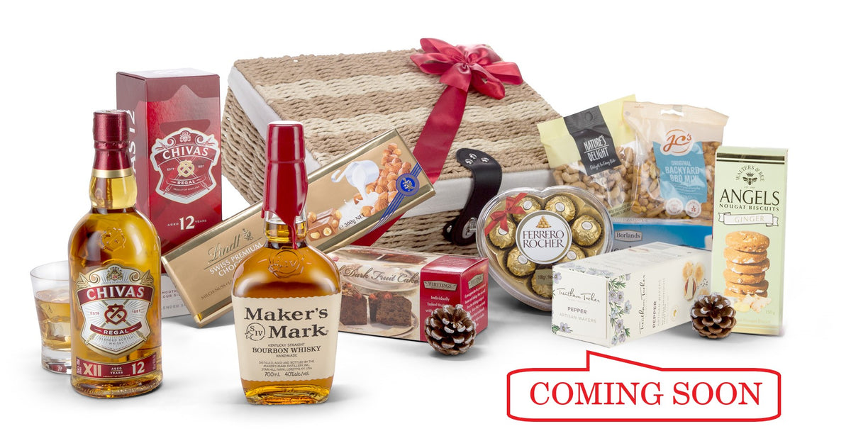 Open Prestige Interhampers gift box with luxury packaging and ribbon, showcasing elegant presentation and premium design.