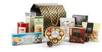 Open black and gold gift box by Interhampers, showcasing elegant packaging with luxurious interior details.