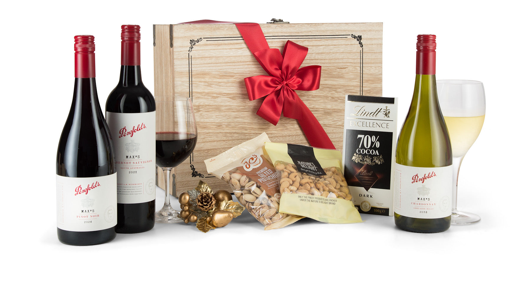 Open Penfolds Trio Pack with three wine bottles from Interhampers, showcasing elegant labels and bottle shapes.
