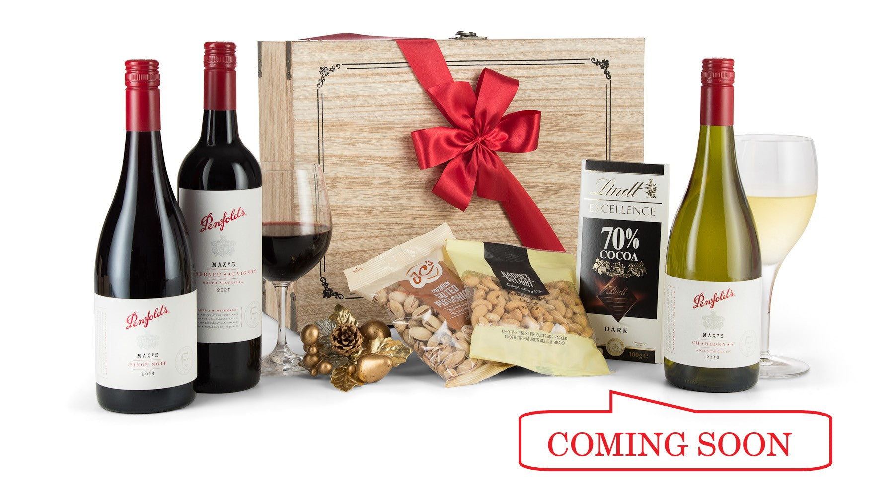 Open Penfolds wine bottle in the Penfolds Trio Pack, showcasing the elegant packaging and wine label details.