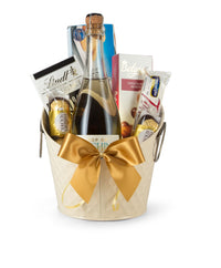 Closed gift box with "Let's Celebrate" message from Interhampers, featuring elegant wrapping and decorative ribbon.