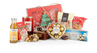 Open Christmas in a Box gift set by Interhampers featuring festive treats and holiday-themed packaging.